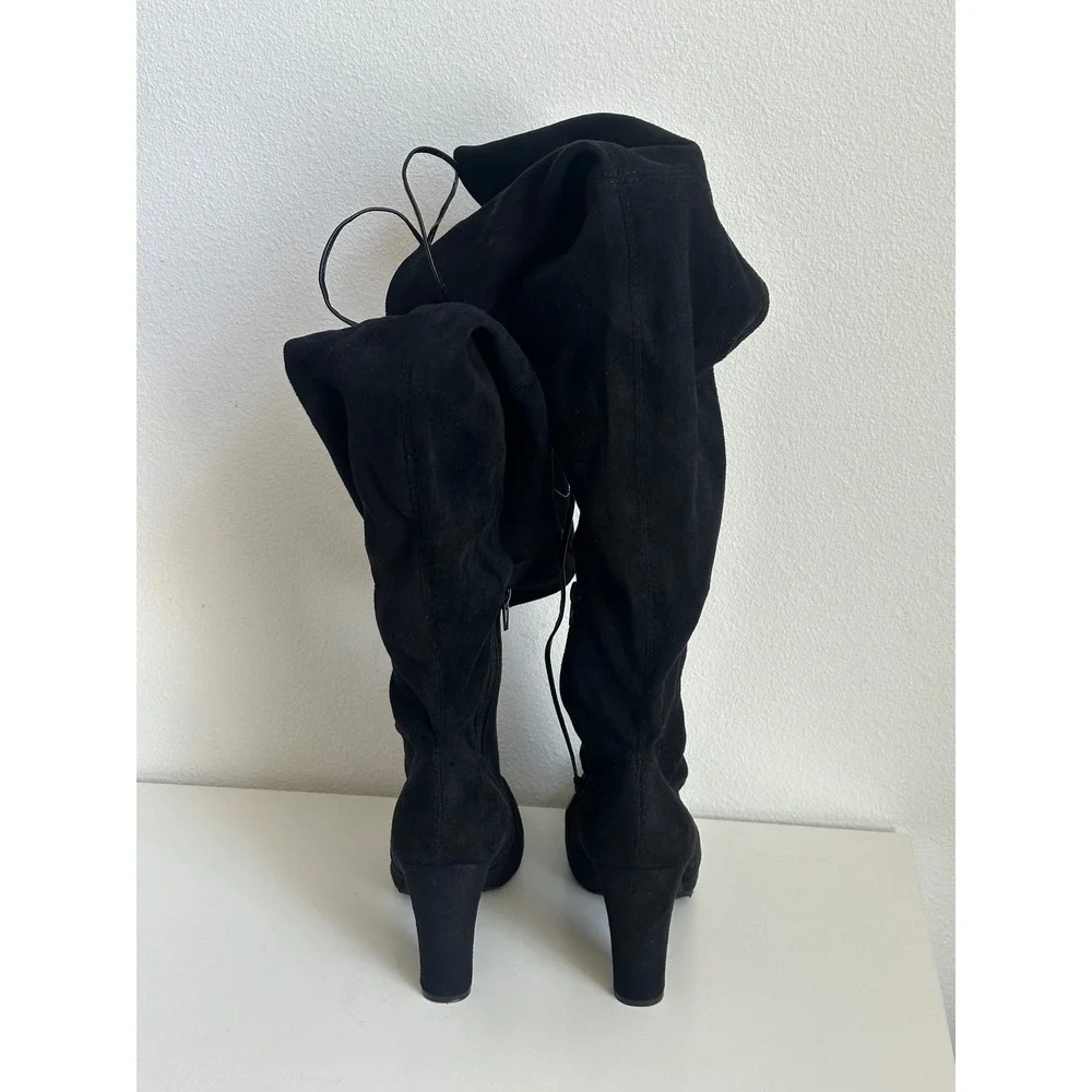 Black Faux Suede Over The Knee Boots Pointed Toe Block Heel Size 10 Drawstring